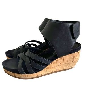 Eileen Fisher Vast Cork Wedge Leather Ankle Sandal In Black Size 8